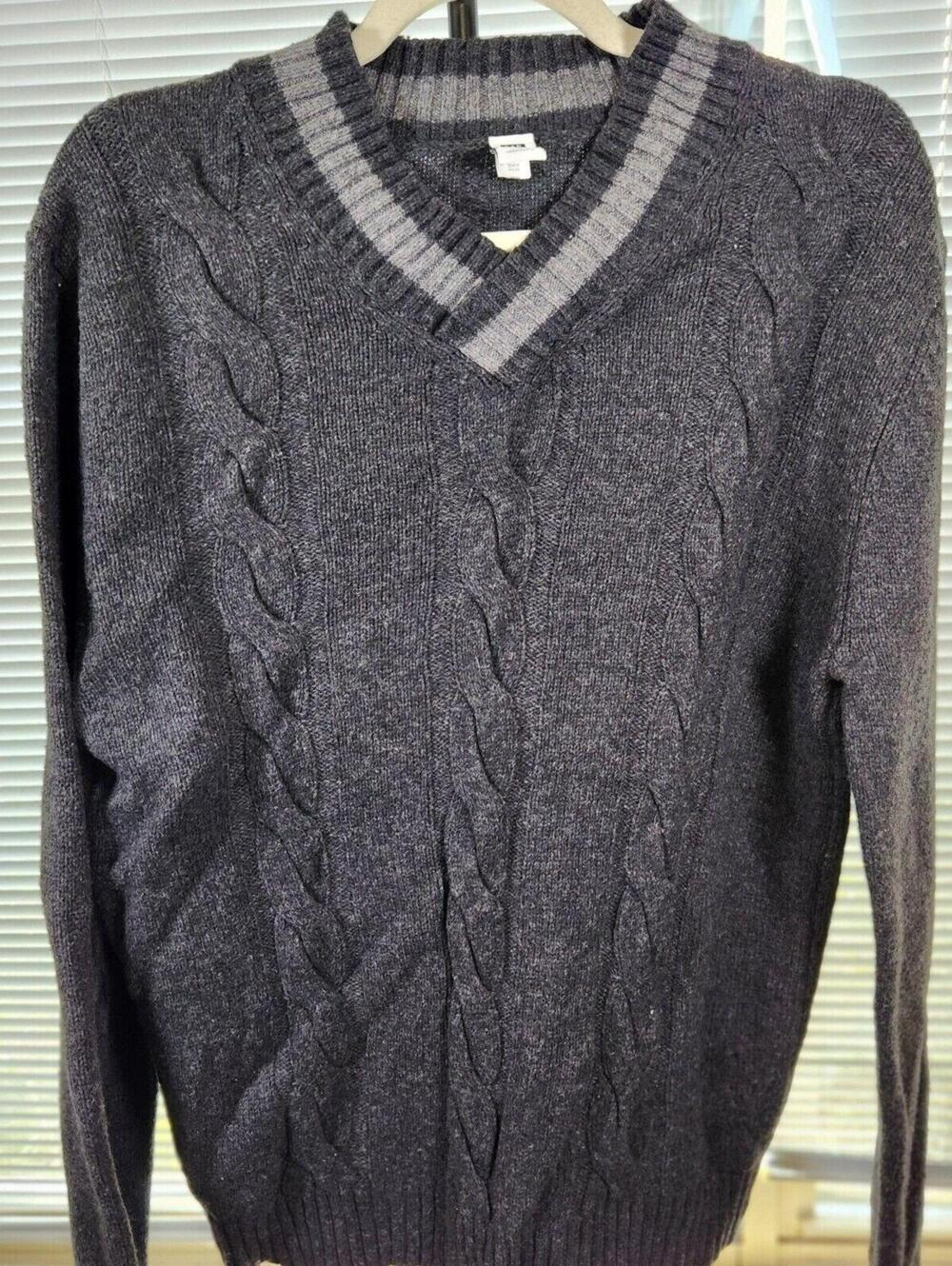 GAP Large Gray Cotton Wool Blend V-Neck Cable Knit Vintage Y2K 1990s Sweater